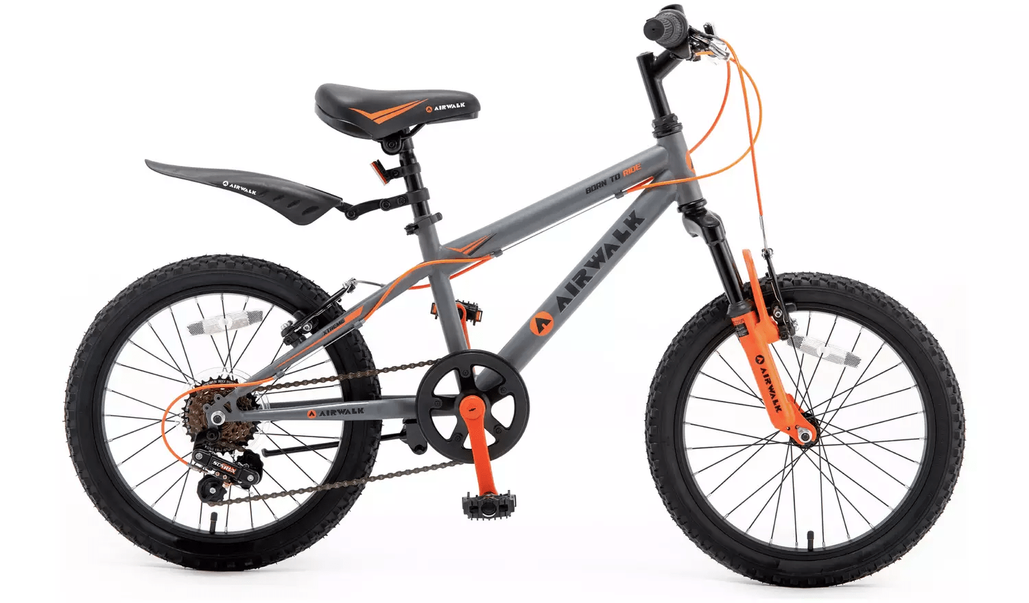 FCSI | A gray child’s mountain bike with orange accents and branding, including the words "Airwalk" on the frame. It has a front suspension, knobby tires, and an orange front fork. The bike is equipped with a saddle, reflectors, and a rear mudguard.