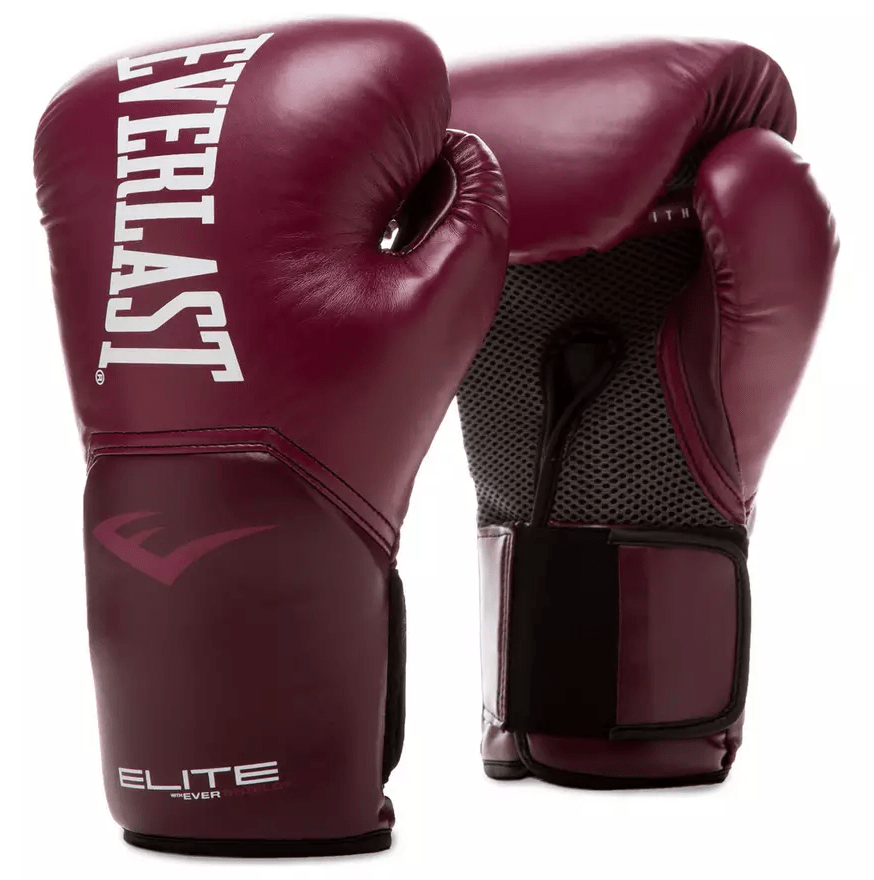 FCSI | A pair of maroon Everlast boxing gloves with white "Everlast" branding on the wrist area. One glove is positioned to display its front and the other its palm side, showing the black mesh ventilation and wrist strap with velcro closure.