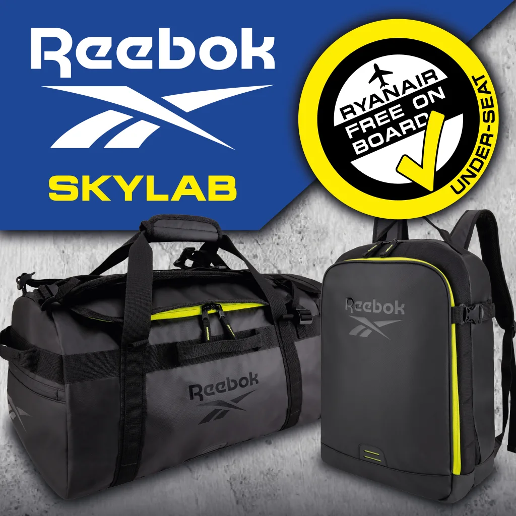 FCSI | Image showing a Reebok Skylab sports bag and backpack, both in black with neon accents. A sticker reads "Ryanair Free On Board Under-Seat." A large Reebok logo is displayed on the top left.