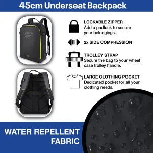 FCSI | Promotional image for a 45cm underseat backpack. Features include a lockable zipper, 2x side compression straps, trolley strap, and a large clothing pocket. Made with water-repellent fabric. Images of the backpack and fabric close-up included.