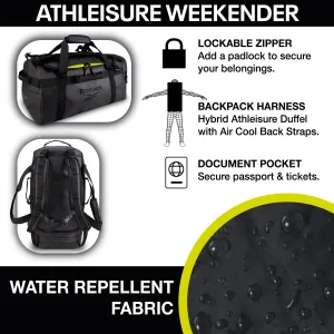 FCSI | An advertisement for an athleisure weekender bag features a lockable zipper, backpack harness with air-cool straps, document pocket, and water-repellent fabric. The bag is black with a green accent.