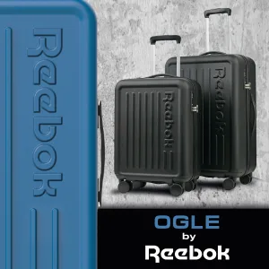 FCSI | Image of two black Reebok rolling suitcases with telescopic handles against a concrete backdrop. A blue vertical panel with the Reebok logo is on the left. The text "OGLE by Reebok" is at the bottom of the image.