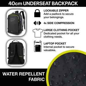 FCSI | Promotional image for a 40cm underseat backpack features its lockable zipper, 4x side compression, large clothing pocket, laptop pocket, and water-repellent fabric. The backpack is black with brand logos and highlights its key features visually.