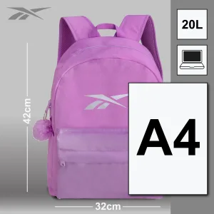 FCSI | Pink backpack with logo, featuring a fluffy pom-pom on the zipper. It measures 42cm in height and 32cm in width, has a 20L capacity, and fits an A4-sized laptop. The background is gray with dimensions illustrated on the side.