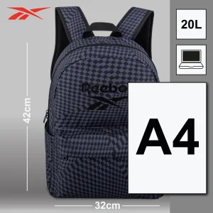 FCSI | A geometric-patterned Reebok backpack in black and grey. Features include a 20L capacity, A4 size compatibility, and a laptop pocket. Dimensions are 42cm in height and 32cm in width.