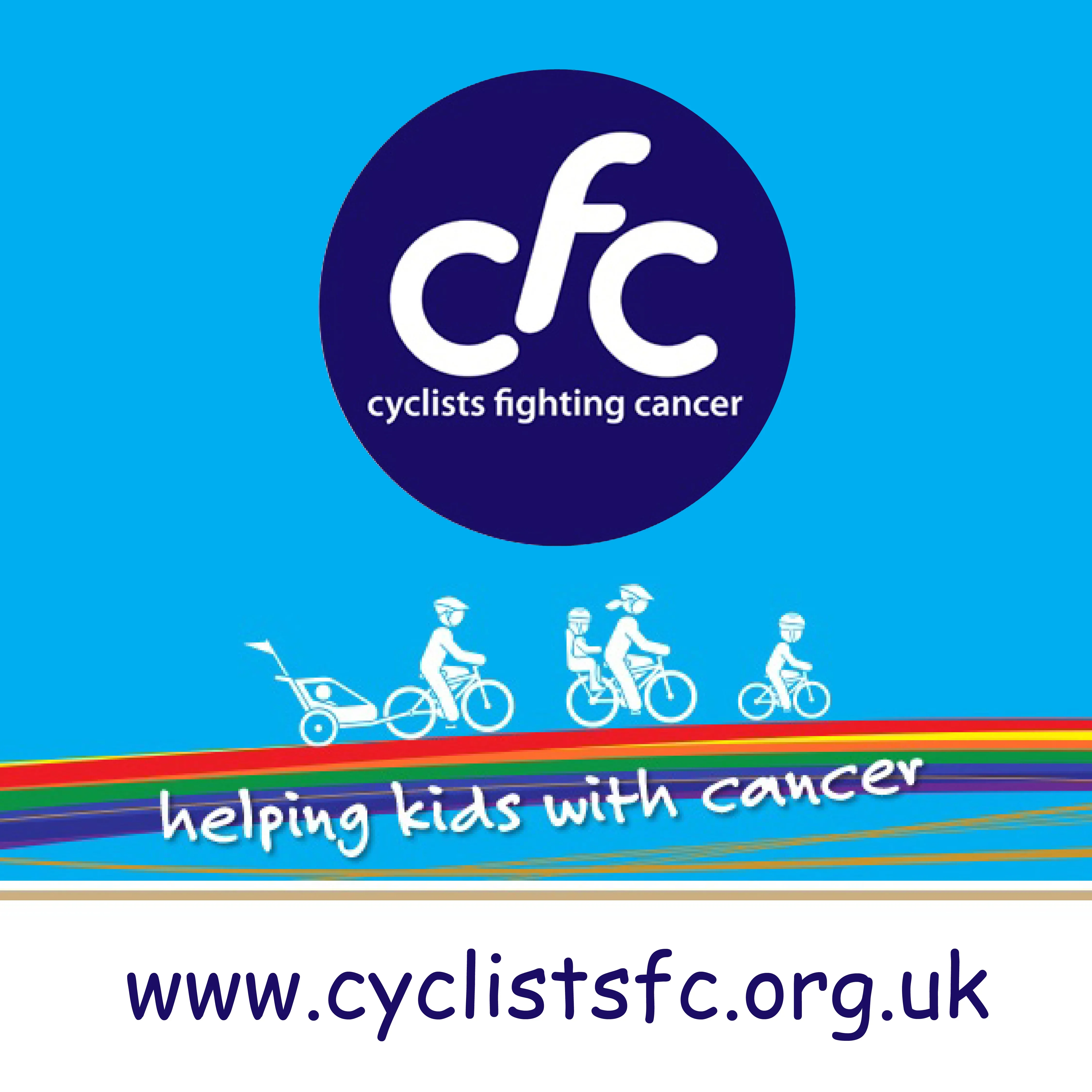 FCSI | Logo for Cyclists Fighting Cancer on a blue background. Features a large dark blue circle with "cfc" and text below it. Illustrations of cyclists on a rainbow line with the words "helping kids with cancer." Website link: www.cyclistsfc.org.uk.