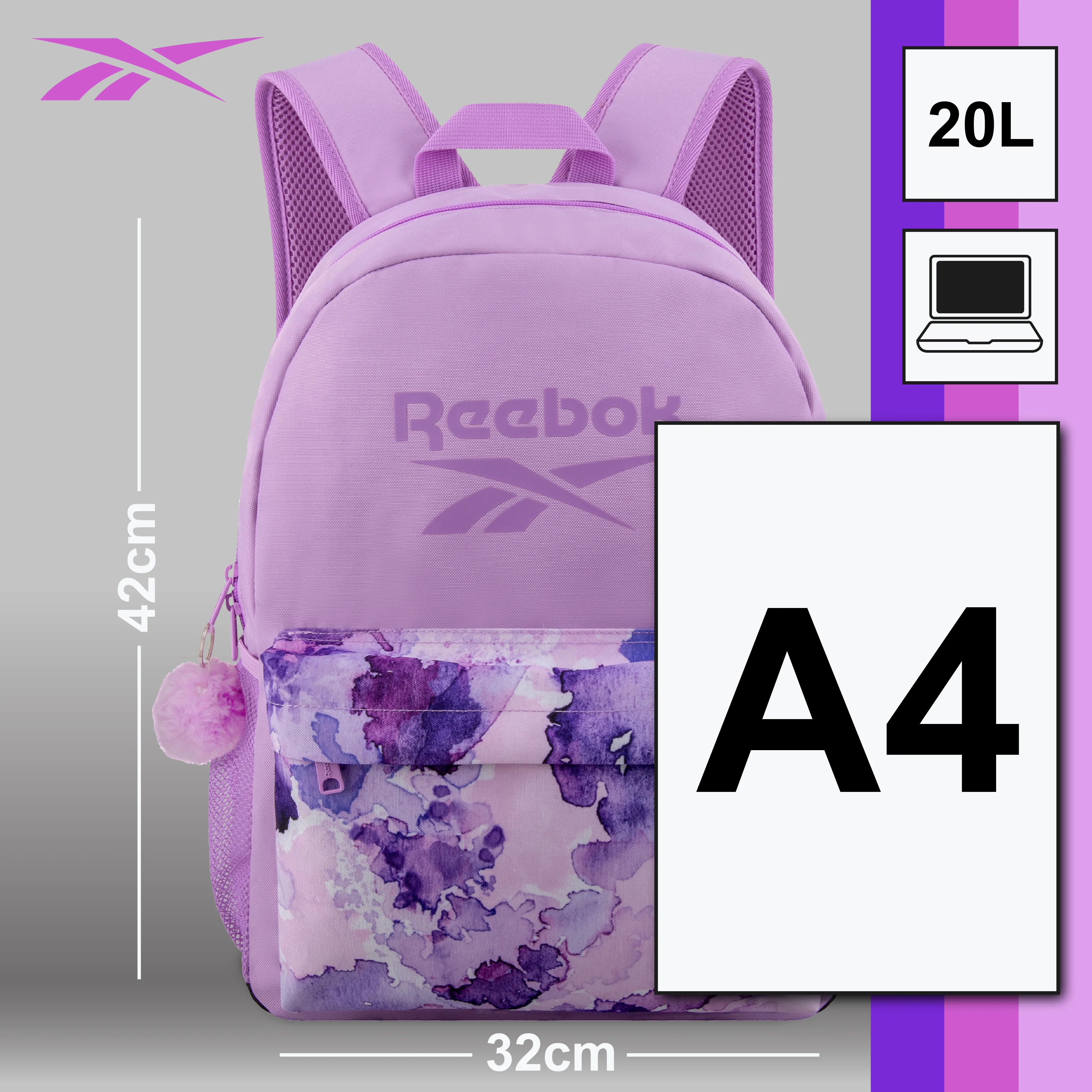 FCSI | A lavender Reebok backpack with a floral pocket, suitable for carrying A4 items and a laptop. It has a 20L capacity and dimensions of 42cm height and 32cm width. Features a pom-pom zipper pull and displayed against a gradient background.