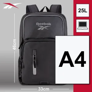 FCSI | A black Reebok backpack with dimensions of 46cm by 33cm. The image highlights features like a 25L capacity and suitability for A4 documents and a laptop.