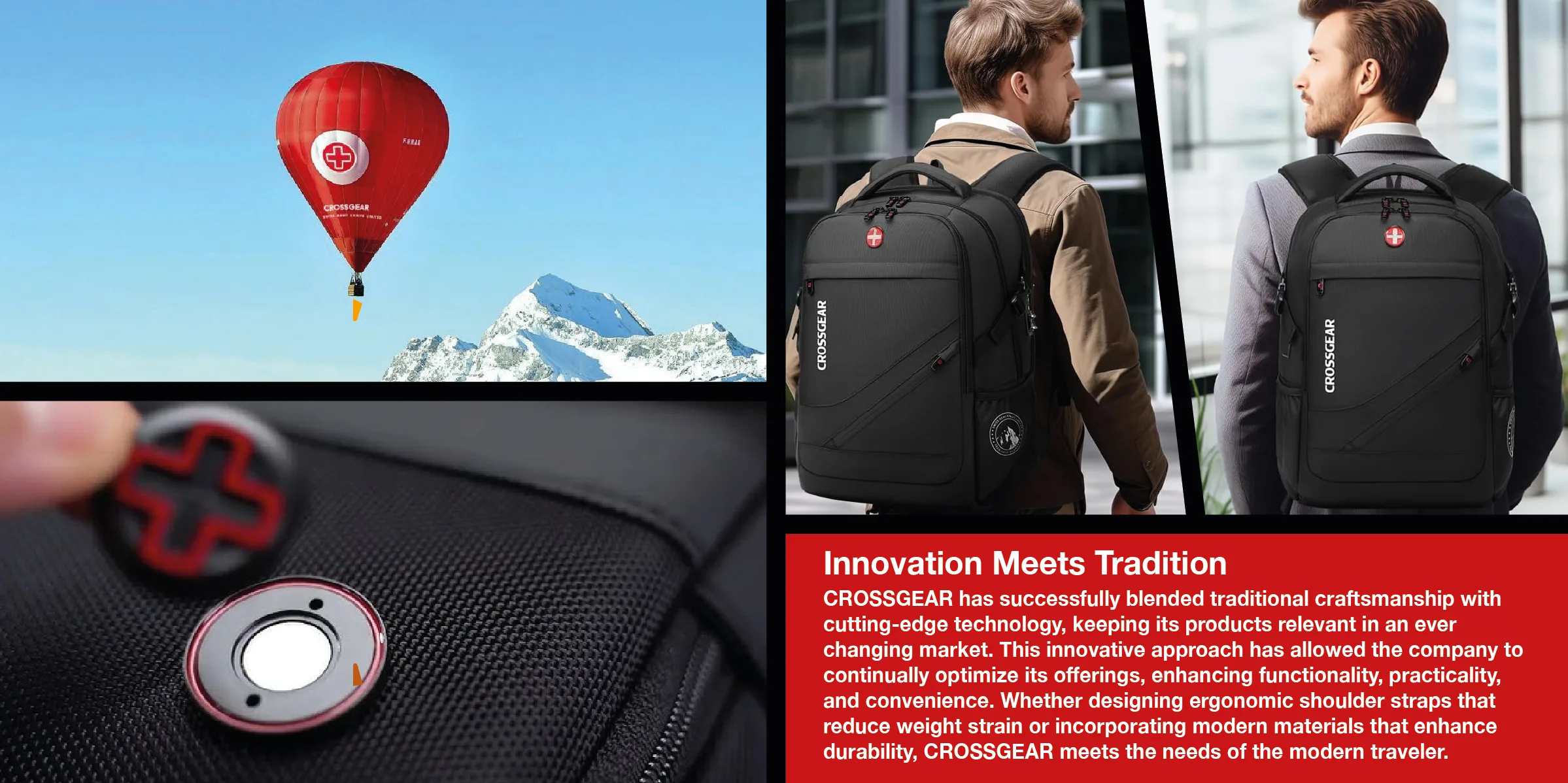 FCSI | A red hot air balloon flies above snowy mountains; two people wear black CROSSGEAR backpacks; close-up of backpack zippers and logo; text highlights CROSSGEAR’s blend of tradition and innovation in its products.
