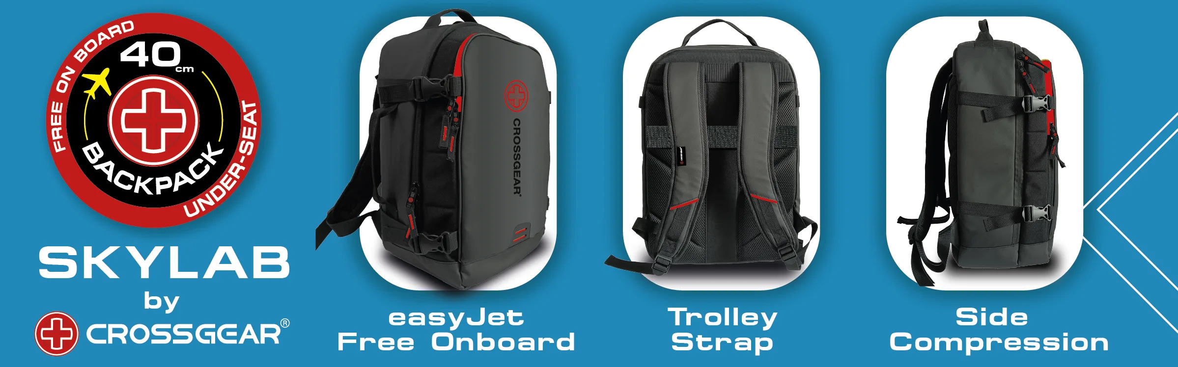 FCSI | Three views of a black Crossgear Skylab backpack with red accents, showing its suitability for easyJet carry-on, trolley strap on the back, and side compression straps. The backpack is 40 cm and labeled "free on board.