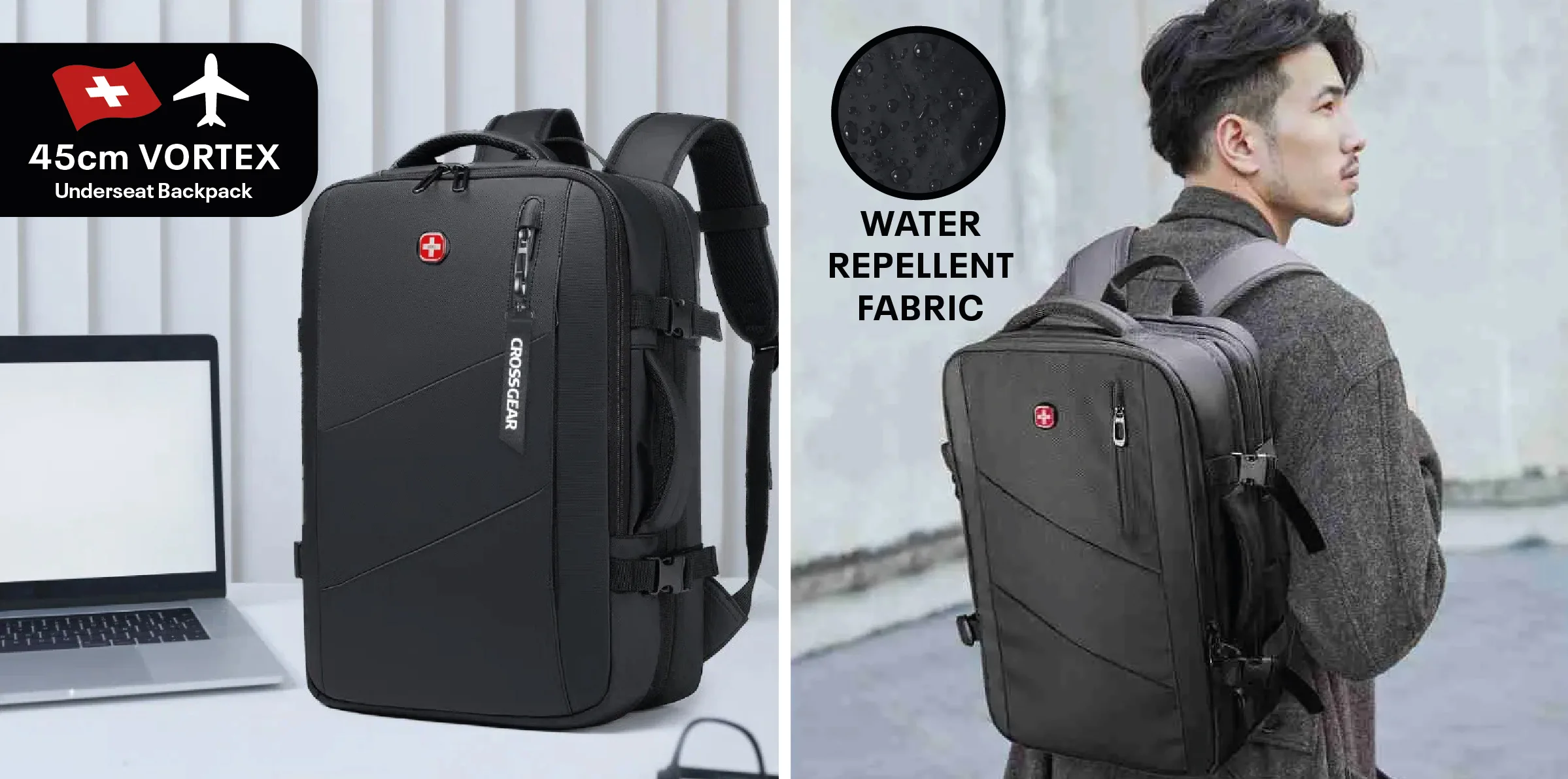 FCSI | Split image: Left side shows a black 45cm Vortex underseat backpack on a desk near a laptop; right side shows a man wearing the same backpack outdoors. Text highlights its water repellent fabric.