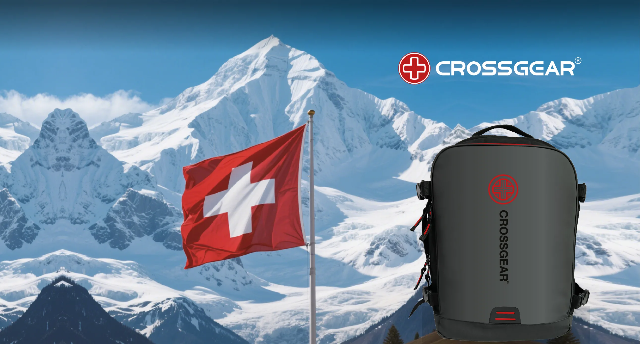 FCSI | A Swiss flag waves in front of snowy mountains under a clear blue sky, with a gray CROSSGEAR backpack in the foreground and the CROSSGEAR logo at the top right.