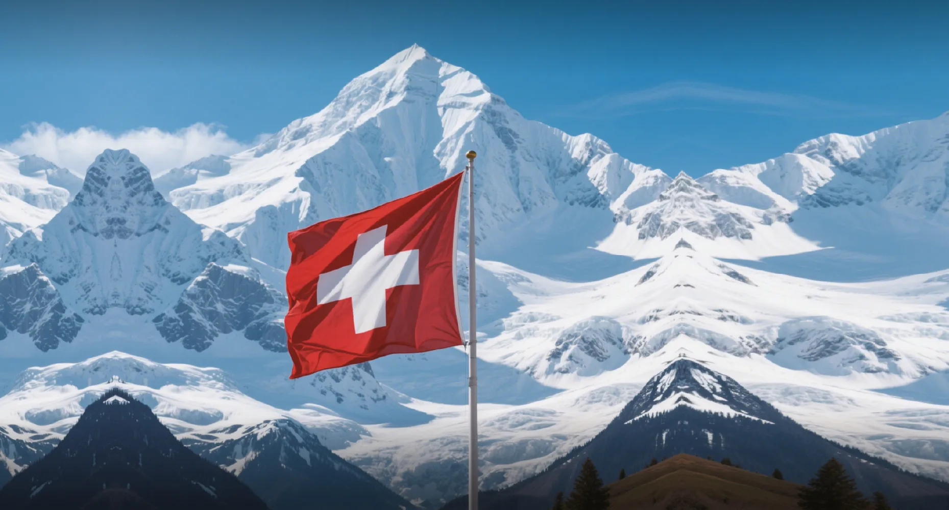FCSI | A Swiss flag flies on a pole in front of snow-covered mountains under a clear blue sky, with green trees and hills at the base of the mountains.