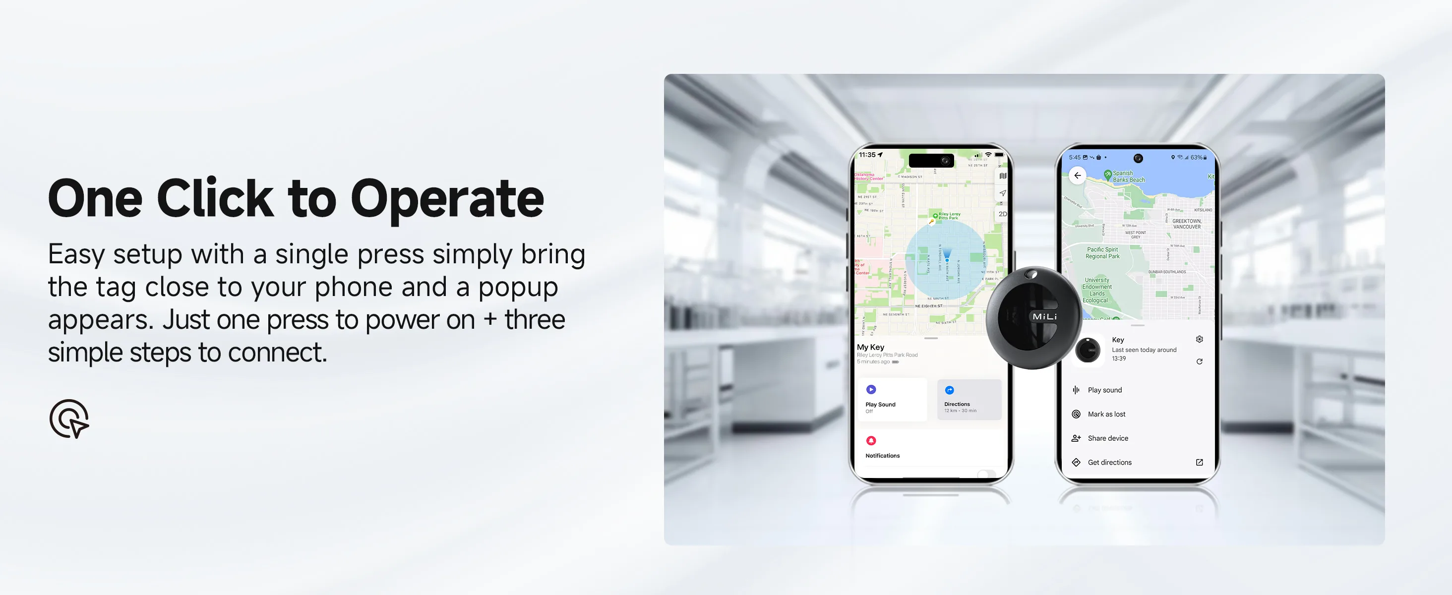 FCSI | A digital ad shows two smartphones displaying maps, a round tracking tag between them, and text reading "One Click to Operate" with steps for easy phone connection on a blurred lab background.