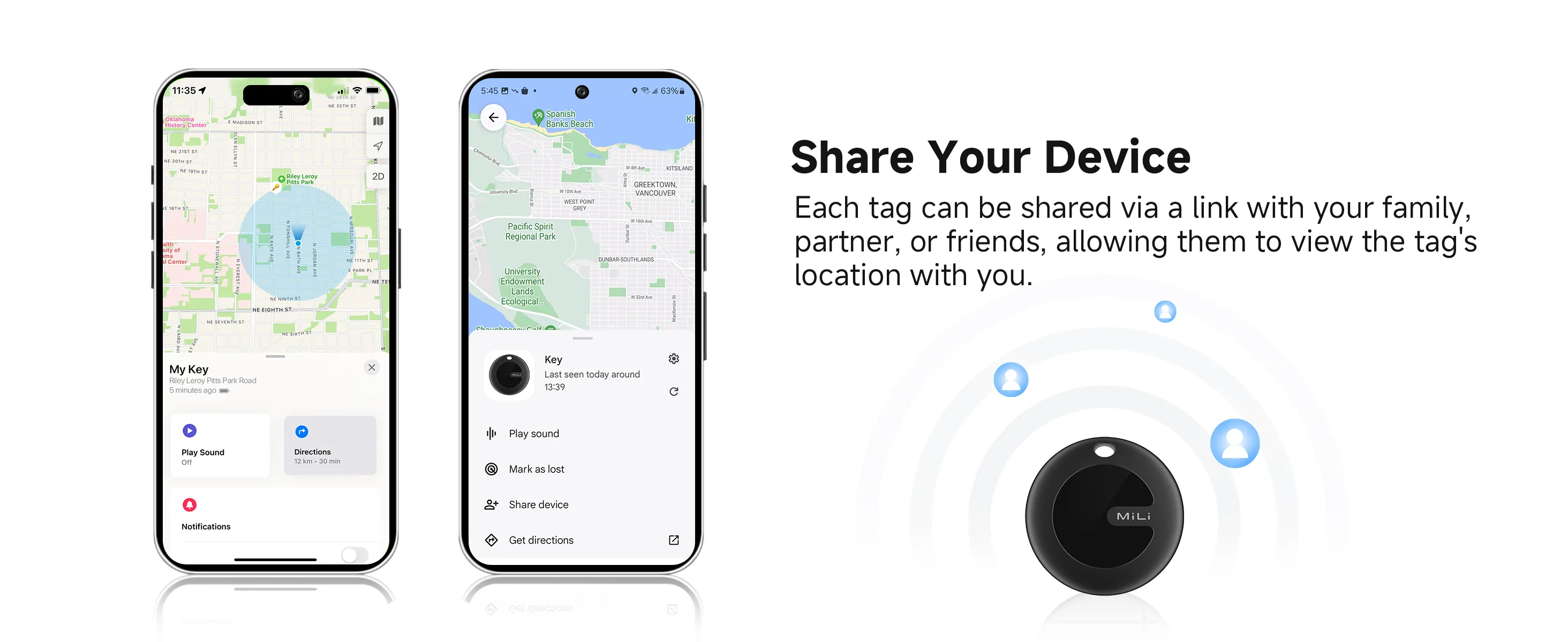 FCSI | Two smartphones display a map tracking location of a tagged item, with a black tracking device and text reading: "Share Your Device. Each tag can be shared via a link with others to view its location with you.