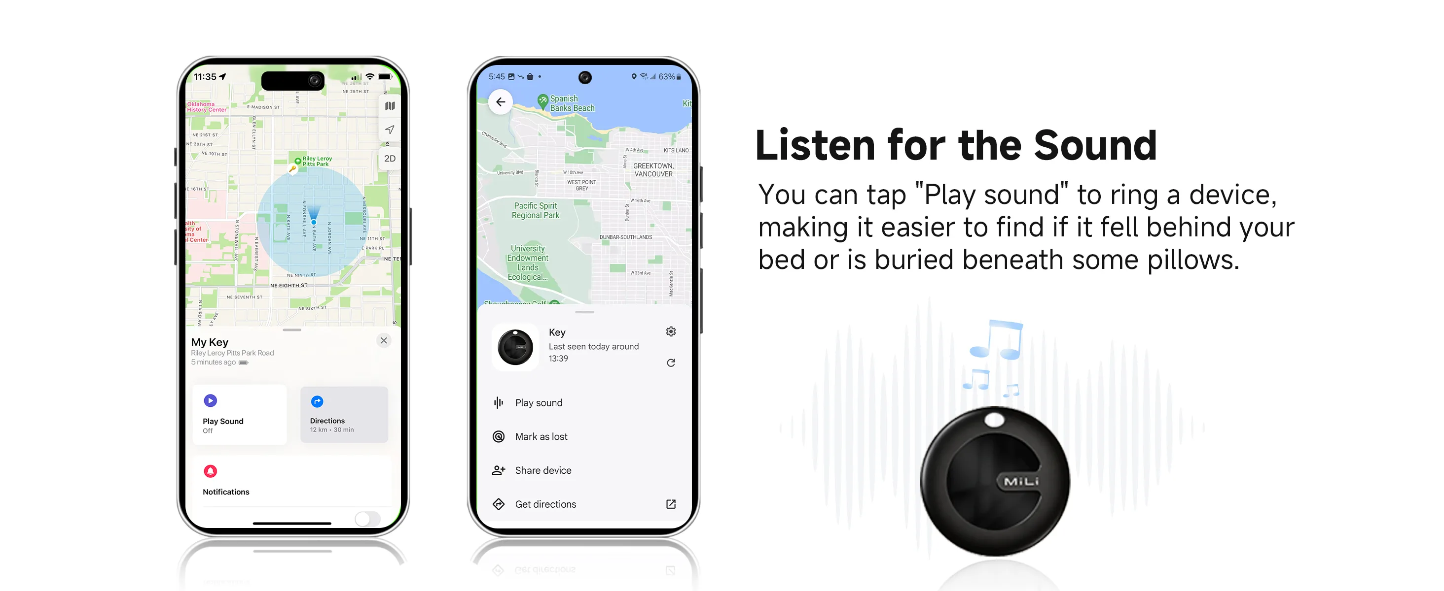 FCSI | Two smartphones display maps and a tracking app interface, showing the location of a lost item. Beside them is a small round tracking device emitting sound waves, with the text: "Listen for the Sound" and a description of the feature.