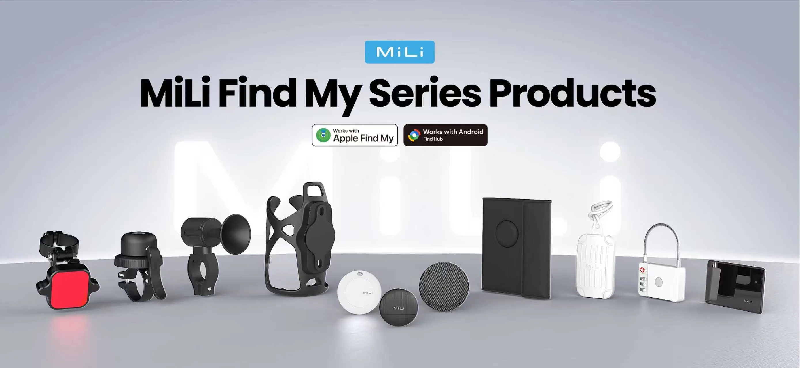 FCSI | A lineup of MiLi Find My Series products is displayed on a reflective surface, including various smart tags, cases, and tracking devices, with logos indicating compatibility with Apple Find My and Android Find My networks.