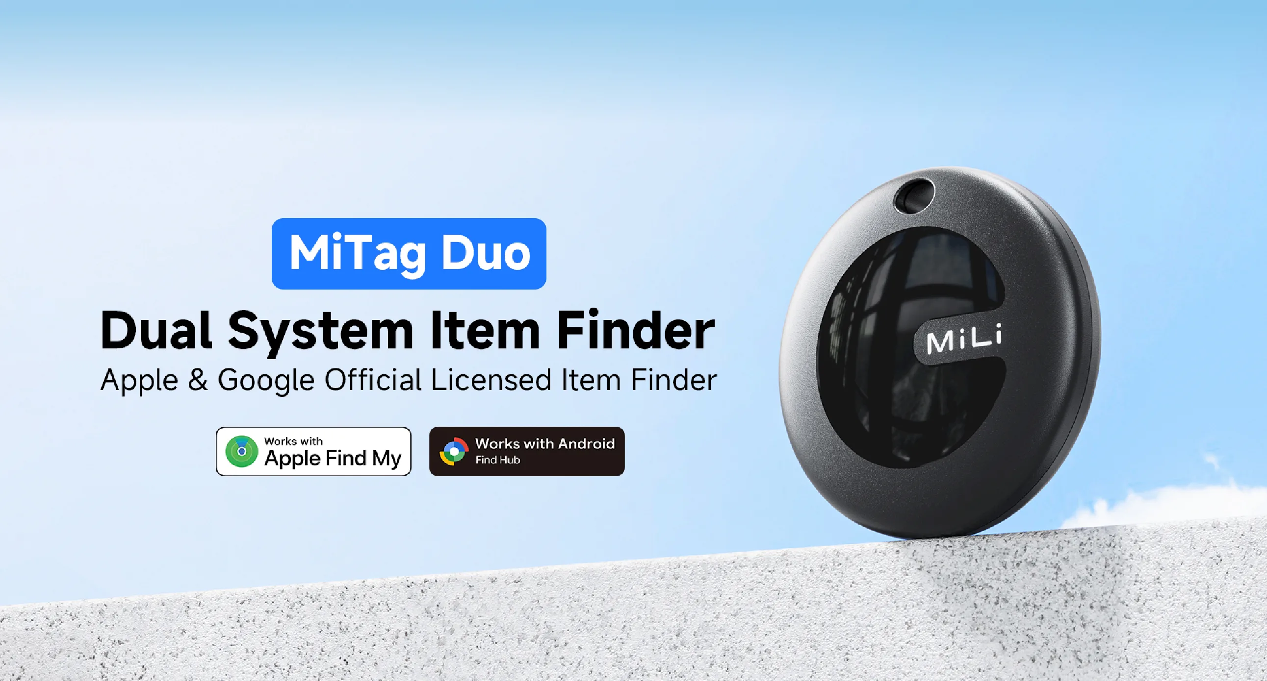 FCSI | A MiTag Duo item finder device rests on a concrete surface. Text reads: "MiTag Duo Dual System Item Finder. Apple & Google Official Licensed Item Finder." Apple Find My and Android Find My Device logos are shown.